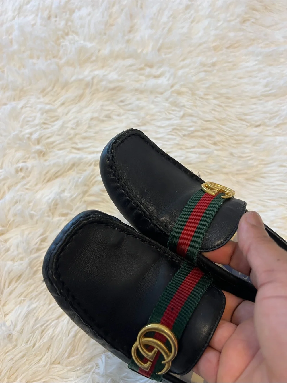 Gucci Black Leather Loafers with Green-Red Web & Gold GG